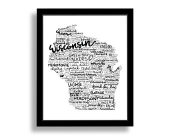 Wisconsin State Print, Hand Lettered Wisconsin State Print, Multiple Sizes, Wisconsin, Wall Art, Map of Wisconsin, Typographic Map