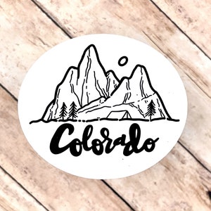 Colorado WATERPROOF Sticker, Round, Mountains, Hand Lettered Sticker, Water Bottle Sticker, Laptop Sticker