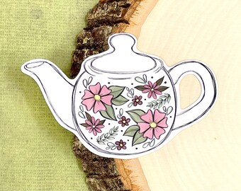 Floral Teapot, WATERPROOF Sticker, Floral-Inspired Sticker, Water Bottle/Laptop Sticker, Gift for Tea Drinkers