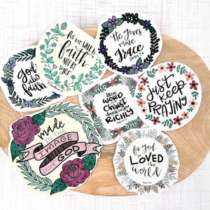 Bible Sticker Pack 5, Hand Lettered Christian Sticker Bundle, Matte or Waterproof Bible Verse Stickers, Religious Gifts, Floral Stickers