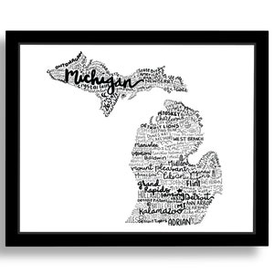 Michigan State Print, Hand Lettered Michigan State Print, Multiple Sizes, Michigan, Wall Art, Map of Michigan, Typographic Map