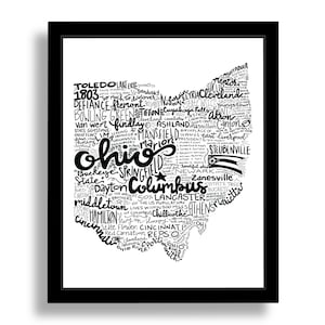 Ohio State Print, Hand Lettered Ohio State Print, Multiple Sizes, Ohio, Wall Art, Map of Ohio, Typographic Map