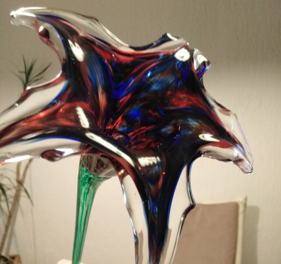 Extravagant Glass Lily With a Long Stem in the Colors Blue, Orangebrown With a Green Stem