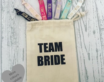 Team Bride | Bride Tribe hen party canvas drawstring favor goodie party bag - choice of colours & wording