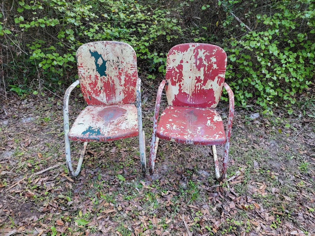 Vintage 1950s Calico Paint Metal Chair Set, Vintage Metal Motel Chairs