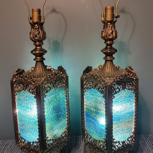 Vintage MCM Gothic/Spanish Revival Blue and Green Glass Pair of Table Lamps, Vintage Lamps, MidCentury Modern Gothic Lamp, Vintage Blue Lamp