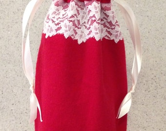 Wine Bag in Red Flannel with Vintage Lace