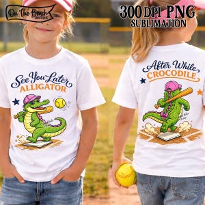 May include: White t-shirt with a cartoon alligator wearing a pink cap and holding a baseball bat. The front says "See You Later Alligator" and the back says "After While Crocodile". The shirt also has a yellow baseball.
