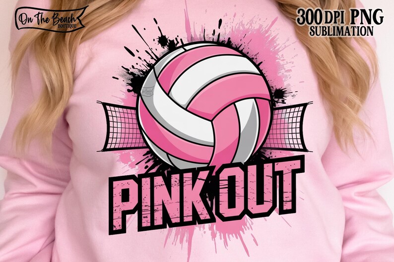 Op de afbeelding: Roze sweatshirt met een volleybalontwerp met roze en witte panelen, tegen een roze spetterachtergrond. De woorden "PINK OUT" zijn gedrukt in vette, roze letters. Het sweatshirt heeft ook de tekst "300DPI PNG SUBMLIMATION".
