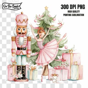 May include: A watercolour illustration of a pink nutcracker, a ballerina in a pink tutu, a Christmas tree, and wrapped gifts. The image includes the text "On The Beach Boutique" and "300 DPI PNG HIGH QUALITY PRINTING SUBLIMATION".