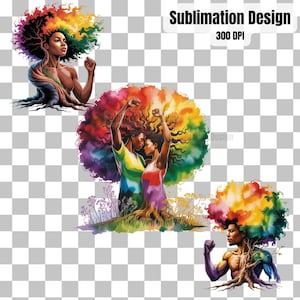 May include: Vibrant digital art featuring three illustrations of people with tree-like bodies and rainbow-colored hair. The images include the text "Sublimation Design" and "300 DPI". The figures are in various poses, with one couple embracing.