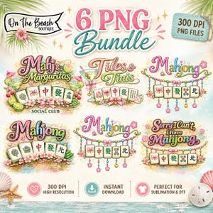 Op de afbeelding: Een digitale grafische bundel met zes PNG-ontwerpen met een strandthema. De ontwerpen omvatten cocktails, Mahjong-tegels en het woord "Mahjong" in verschillende stijlen. Het kleurenpalet omvat roze, groen en blauw, met bloemaccenten.