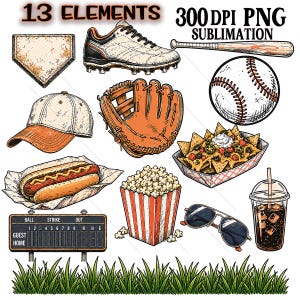 Può includere: Illustrazioni a tema baseball, tra cui una palla, una mazza, un guanto, tacchetti, un berretto e un tabellone segnapunti. Include anche un hot dog, nachos, popcorn, occhiali da sole e una bibita. Il testo è "13 ELEMENTS 300DPI PNG SUBLIMATION".