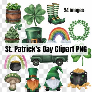 Watercolor St. Patrick's Day Clipart 24 PNG Designs Cute Shamrock Clipart Pot of Gold Leprechaun Clipart Horseshoe Irish Gnome Green Beer