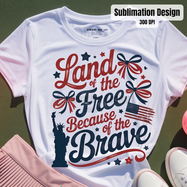 May include: White t-shirt with a patriotic design. The design includes the text "Land of the Free Because of the Brave" in red and navy blue, along with an American flag, stars, and the Statue of Liberty.
