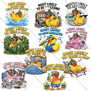 Peut inclure: Neuf images de dessins animés représentant un canard jaune portant des lunettes de soleil et un chapeau de capitaine. Chaque image illustre une activité différente, comme chanter au karaoké ou prendre un bain de soleil. Le texte "Most Likely To" est au-dessus de chaque image.