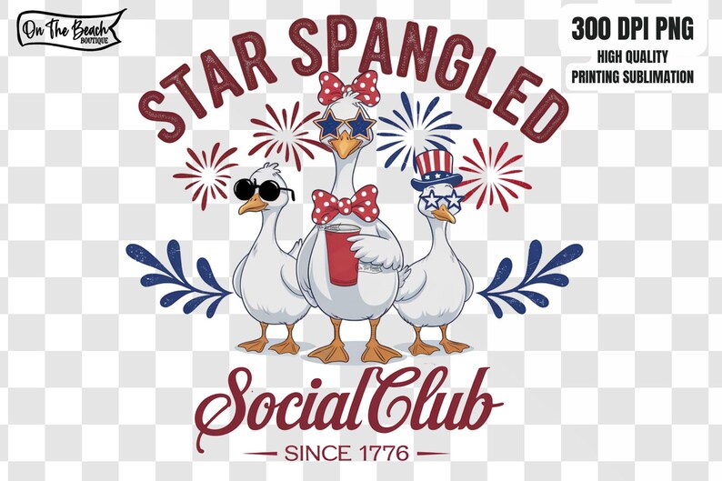 Może przedstawiać: Trzy kresk&oacute;wkowe gęsi w patriotycznych dodatkach, w tym okulary przeciwsłoneczne, muszka i cylinder, z fajerwerkami w tle. Tekst "STAR SPANGLED Social Club - SINCE 1776" znajduje się pod gęsiami.