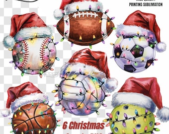 May include: Six sports balls, including a baseball, football, soccer ball, volleyball, basketball, and pickleball, each wearing a Santa hat and fairy lights. The image includes the text "6 Christmas Sports PNG".