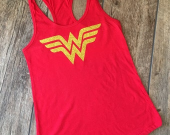 Wonderwoman shirt- quick shipping - Wonder Woman Tank Top - Wonder Woman with Gold Glitter- Woman's tank - red - gift