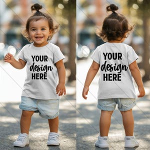 Girls White TShirt Mockup Front and Back Sides Kids Bella Canvas 3001t Mockup Toddler Girl Model Shirt Mockup Children Outdoor Mockup Summer