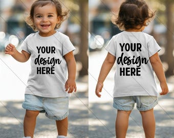 Girls White TShirt Mockup Front and Back Sides Kids Bella Canvas 3001t Mockup Toddler Girl Model Shirt Mockup Children Outdoor Mockup Summer