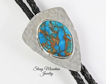 Mohave Blue Turquoise Bolo Tie, Custom Handmade Wedding Bolo Tie, Kingman Turquoise & Bronze Stone Bolo Ties for Men or Women