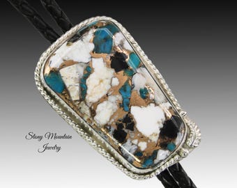 White Buffalo & Turquoise Bolo Tie, Custom Handcrafted Wedding Bolo Tie, Kingman Turquoise/White Buffalo Matrix Bolo Tie for Men or Women