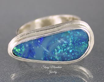 Australian Boulder Opal Ring, Handmade Genuine Australian Opal Ring, Unique Natural Blue Opal Statement Ring Size 7