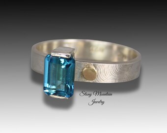 London Blue Topaz Ring, Modern Mixed Metal Blue Topaz Designer Ring, Contemporary Handmade Anniversary Gift for Her, Unique Wedding Ring