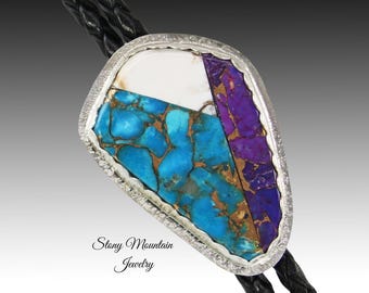 Turquoise Matrix Inlay Bolo Tie, Custom Wedding Bolo Tie with Faux White Buffalo and Mohave Turquoise, Sterling Silver Designer Bolo Ties