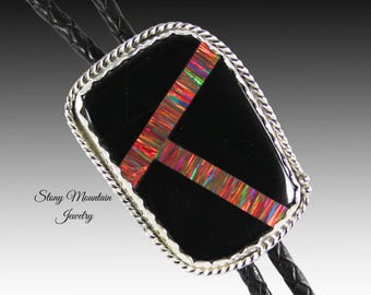 Custom Inlay Bolo Tie, Designer Bolo Tie Black Jade & Bello Opal, One of a Kind Wedding Bolo Tie, Fathers Day Gift
