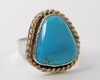 Pinto Valley Turquoise Ring, Large Turquoise Ring, Handmade Modern Sterling Silver & 14kt Gold Fill Turquoise Statement Ring