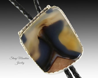 Custom Handcrafted Wedding Bolo Tie, Montana Agate Designer Bolo Tie for Men or Women, Special Western Gifts