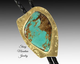 Handcrafted Custom Turquoise Bolo Tie, Unique Brass Wedding Bolo Tie