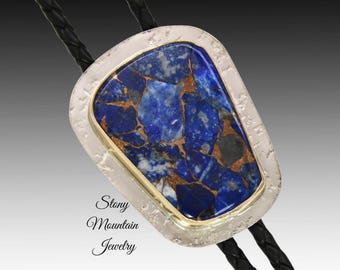 Unique Handcrafted Wedding Bolo Tie, Custom Lapis Matrix Bolo Tie in Nickel Silver & Brass, Essential Metals Collection