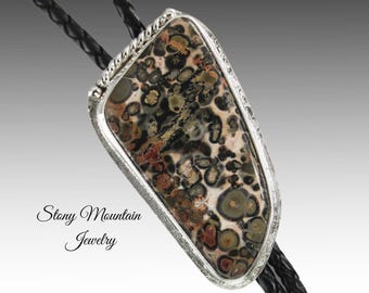Unique Handcrafted Bolo Tie,Leopard Jasper Stone Bolo Tie for Men or Women, Custom Sterling Silver Wedding Bolo Ties, Great Gift