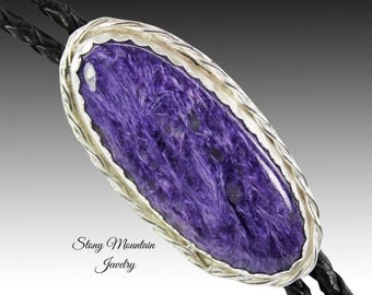 Handcrafted Custom Bolo Tie, Unique Wedding Bolo Ties, Charoite Bolo Tie for Men or Women, One of a Kind Sterling Silver Bolo Tie