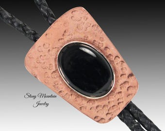 Handcrafted Custom Bolo Tie Black Onyx Bolo Tie for Men or Women, Unique Copper Wedding Bolo Tie, Fathers Day Gift