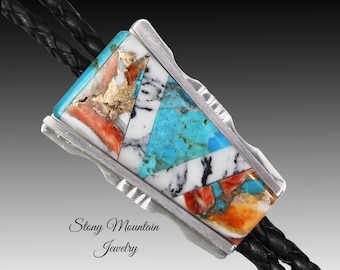 Turquoise Inlay Bolo Tie, Designer Wedding Bolo Tie with Spiny Oyster & White Buffalo, Unique Custom Sterling Silver Wedding Bolo Ties