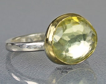 Rose Cut Yellow Quartz Ring, One of a Kind Elegant Rose Cut Quartz Ring, Unique Mixed Metal Natural Yellow Quartz Cocktail Ring, Unique Gift