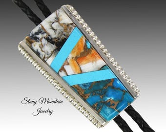 Turquoise Inlay Bolo Tie, Custom Designer Bolo Tie with White Buffalo, Spiny Oyster & Turquoise Matrix, One of a Kind Wedding Bolo Tie