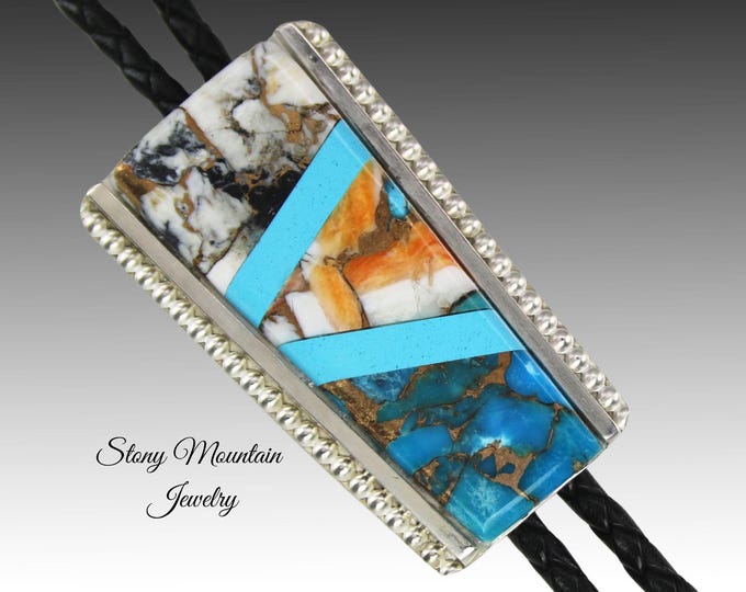 Featured listing image: Turquoise Inlay Bolo Tie, Custom Designer Bolo Tie with White Buffalo, Spiny Oyster & Turquoise Matrix, One of a Kind Wedding Bolo Tie