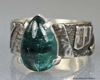 Indicolite Tourmaline Ring, One of a Kind Genuine Natural Blue Green Tourmaline Ring, Handmade Wide Sterling Silver Designer Ring