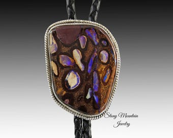 Australian Opal Bolo Tie, Custom Handcrafted Wedding Bolo Tie, Modern Sterling Silver Boulder Opal Designer Bolo Tie for Men or Women