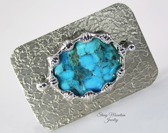 Handmade Turquoise Belt Buckle, Unique Mohave Blue & Kingman Turquoise Matrix Belt Buckle, Modern Stone Belt Buckle for Men or Women