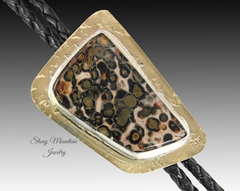 Handcrafted Custom Bolo Tie, Unique Brass & Sterling Silver Wedding Bolo Tie, Leopard Jasper Bolo Tie for Men or Women, Gift For Dad