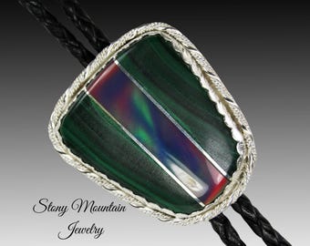 Custom  Sterling Silver Wedding Bolo Tie, Malachite and Aurora Opal Inlay Bolo Tie, Unique Modern Designer Bolo Ties, Fathers Day Gift