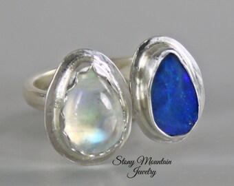 Australian Opal & Moonstone Ring, One of a Kind Handmade Blue Boulder Opal Ring, Unique Sterling Silver Multi Stone Ring