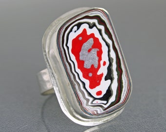 Large Fordite Ring, Unique Handmade Motor Agate Ring, Big Red Stone Cocktail Ring, Modern Adjustable Sterling Silver Ring, Boho Gift for Her