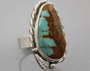 Kingman Turquoise Ring, Artistic Handmade Large Turquoise Ring, Modern Sterling Silver Wide Band Turquoise Cocktail Ring